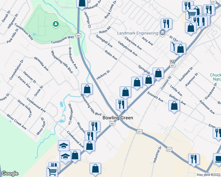 map of restaurants, bars, coffee shops, grocery stores, and more near 210-226 Veterans Memorial Lane in Bowling Green