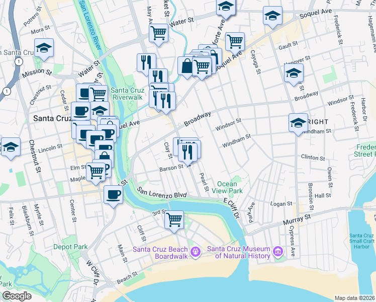 map of restaurants, bars, coffee shops, grocery stores, and more near 330 Ocean Street in Santa Cruz
