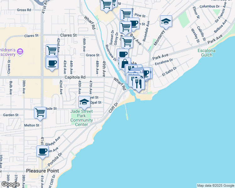 map of restaurants, bars, coffee shops, grocery stores, and more near 1490 Prospect Avenue in Capitola