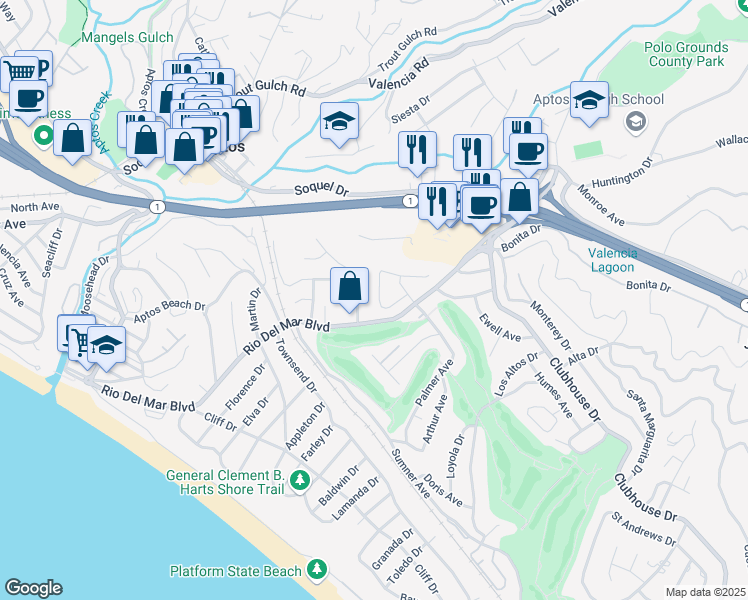 map of restaurants, bars, coffee shops, grocery stores, and more near 237 Augusta Lane in Aptos