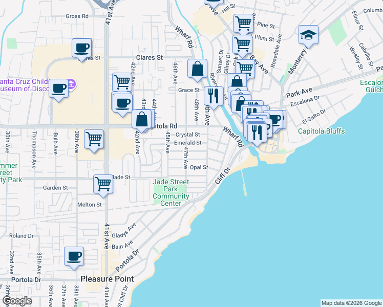map of restaurants, bars, coffee shops, grocery stores, and more near 4730 Garnet Street in Capitola