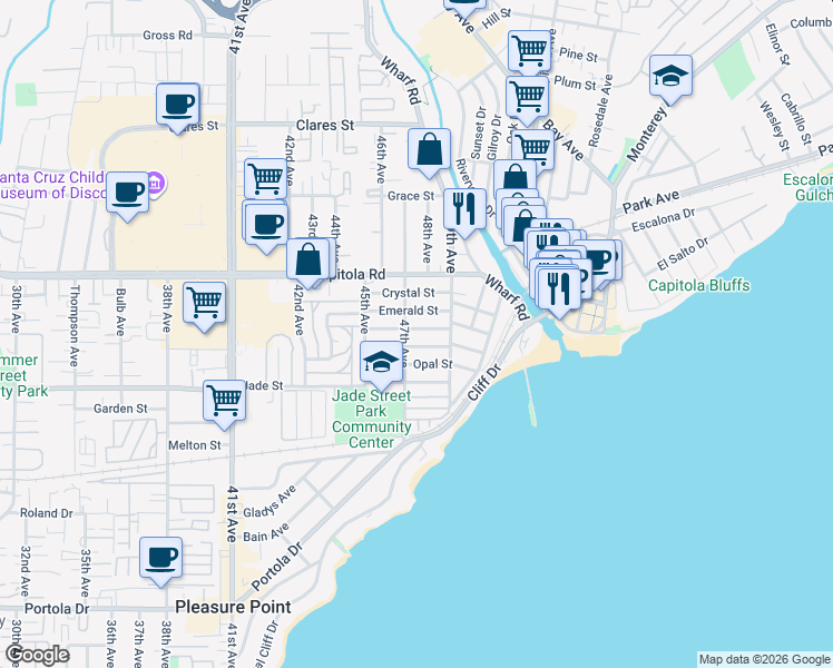 map of restaurants, bars, coffee shops, grocery stores, and more near 4730 Garnet Street in Capitola