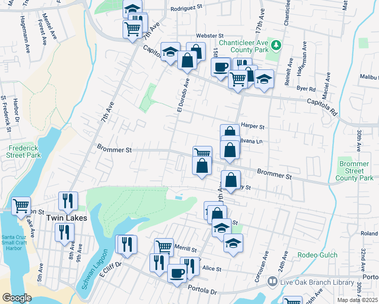 map of restaurants, bars, coffee shops, grocery stores, and more near 1335 Brommer Street in Santa Cruz