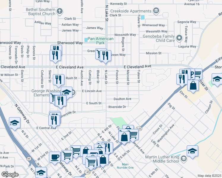 map of restaurants, bars, coffee shops, grocery stores, and more near 913 East Lincoln Avenue in Madera