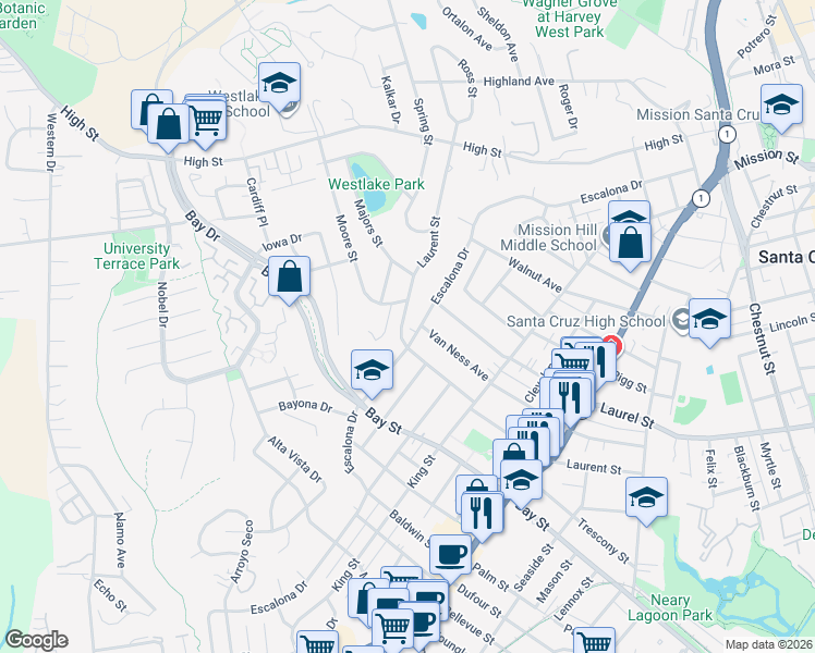 map of restaurants, bars, coffee shops, grocery stores, and more near 818 Laurent Street in Santa Cruz