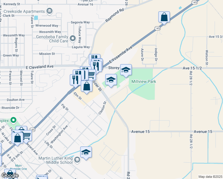 map of restaurants, bars, coffee shops, grocery stores, and more near 1609 Clinton Street in Madera