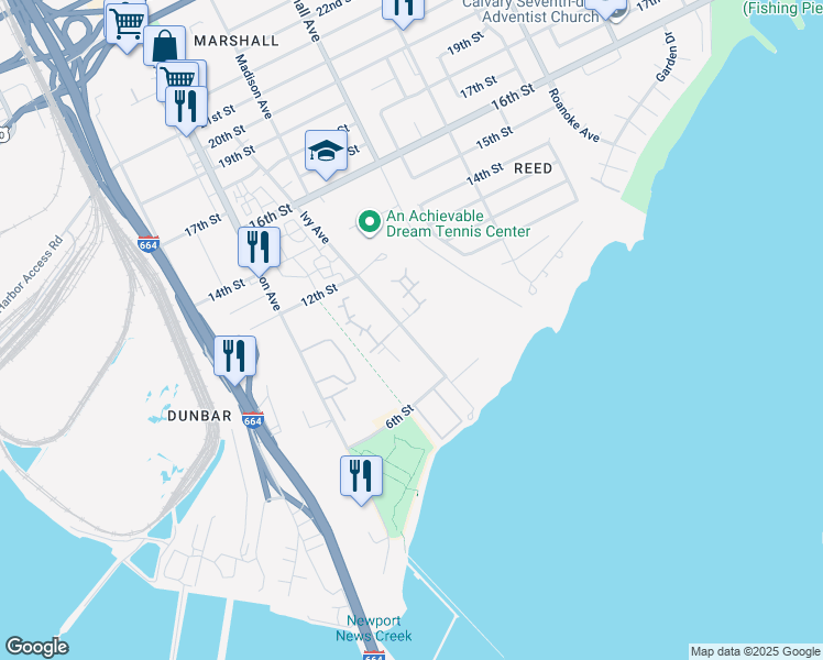 map of restaurants, bars, coffee shops, grocery stores, and more near 654 Ivy Avenue in Newport News