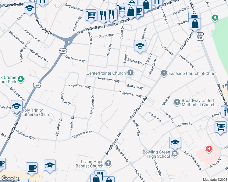 map of restaurants, bars, coffee shops, grocery stores, and more near 899 Ridgecrest Way in Bowling Green