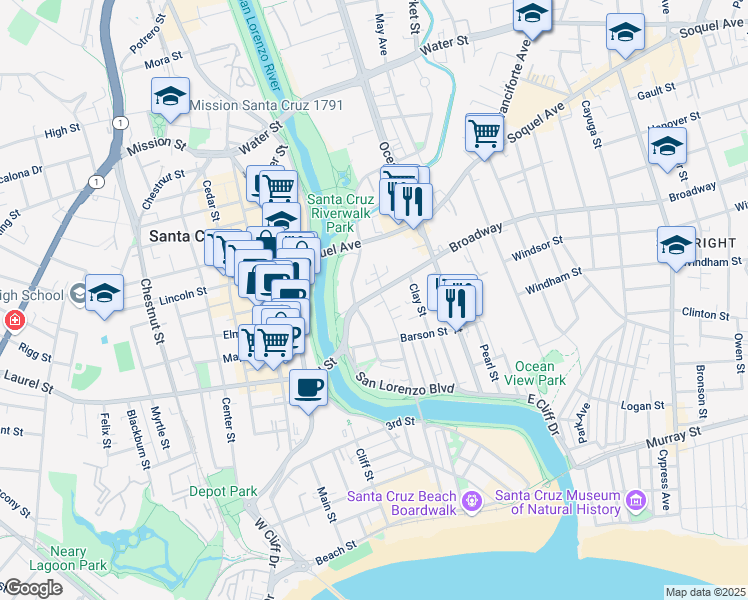 map of restaurants, bars, coffee shops, grocery stores, and more near 218 Broadway in Santa Cruz