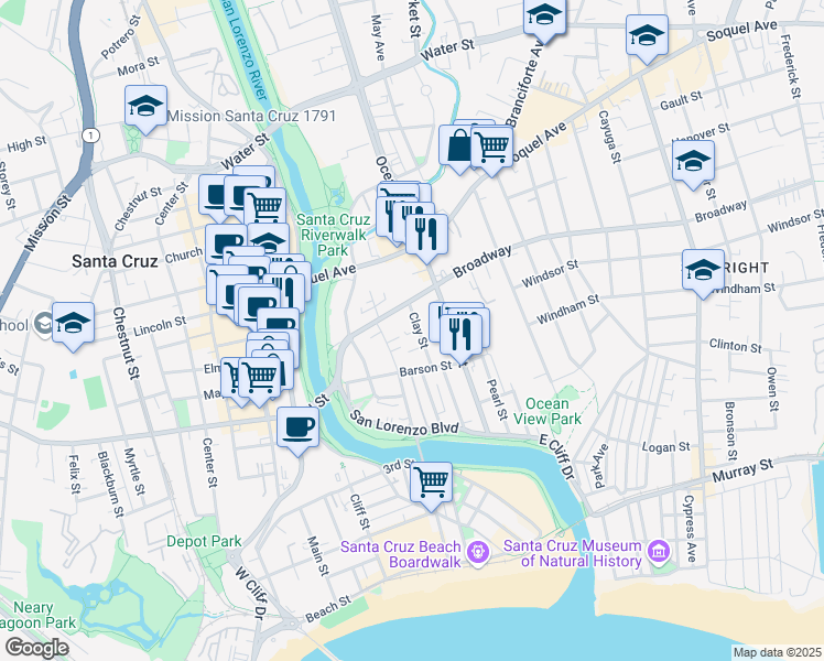 map of restaurants, bars, coffee shops, grocery stores, and more near 137 Clay Street in Santa Cruz