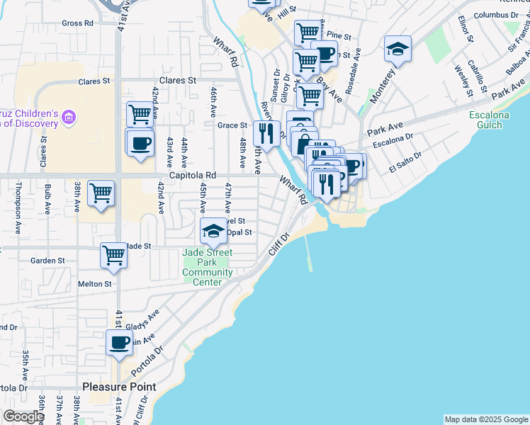 map of restaurants, bars, coffee shops, grocery stores, and more near 4960 Garnet Street in Capitola