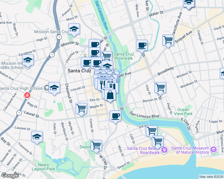 map of restaurants, bars, coffee shops, grocery stores, and more near 504 Front Street in Santa Cruz