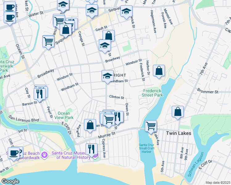map of restaurants, bars, coffee shops, grocery stores, and more near 526 Sumner Street in Santa Cruz