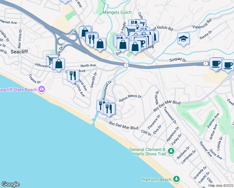 map of restaurants, bars, coffee shops, grocery stores, and more near 307 Treasure Island Drive in Aptos