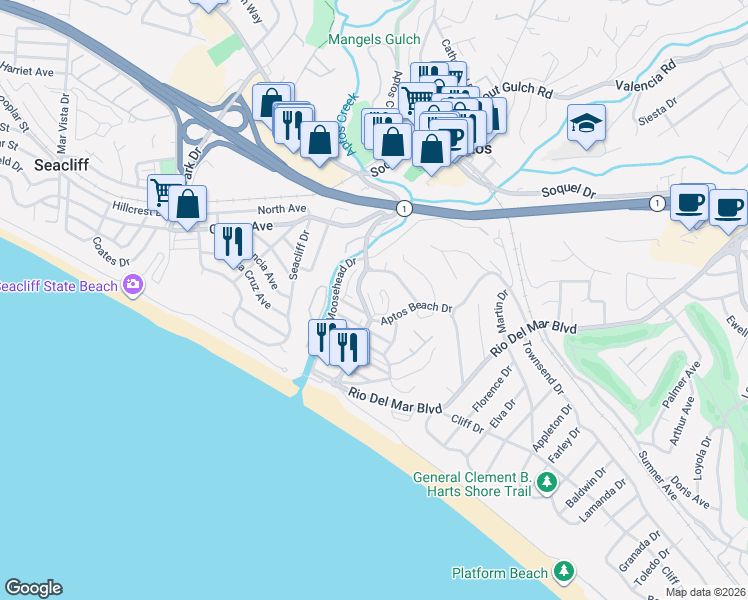 map of restaurants, bars, coffee shops, grocery stores, and more near 307 Treasure Island Drive in Aptos