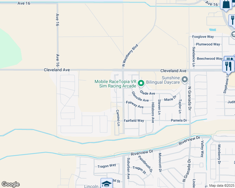 map of restaurants, bars, coffee shops, grocery stores, and more near 1601 Camino Lane in Madera