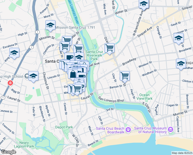 map of restaurants, bars, coffee shops, grocery stores, and more near 809 Riverside Avenue in Santa Cruz