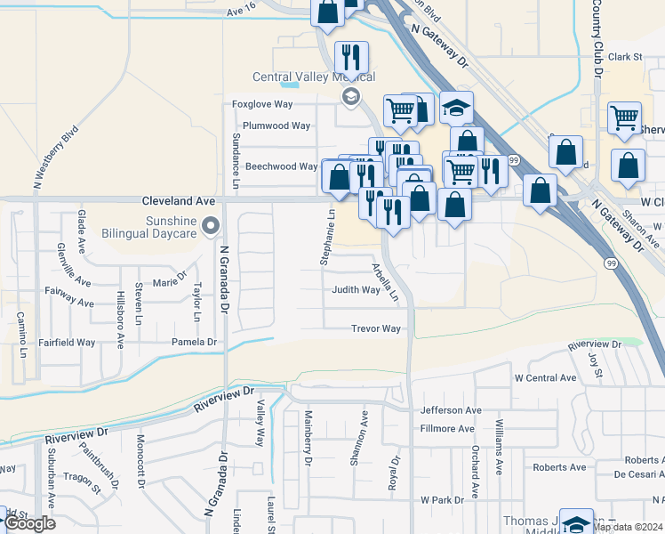 map of restaurants, bars, coffee shops, grocery stores, and more near 2387 Frederick Way in Madera