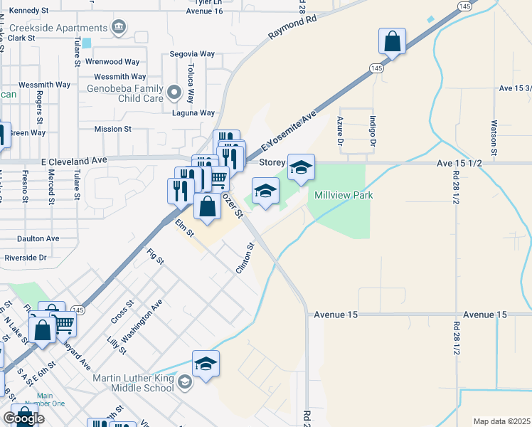 map of restaurants, bars, coffee shops, grocery stores, and more near 1609 Clinton Street in Madera