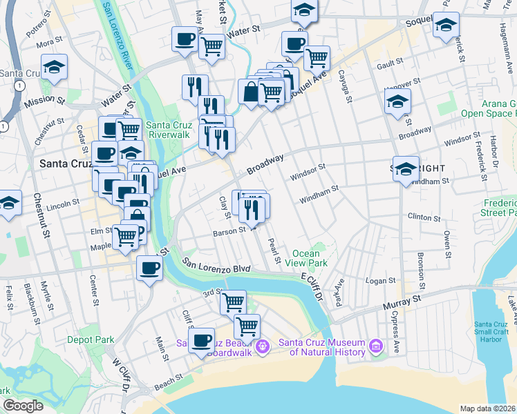 map of restaurants, bars, coffee shops, grocery stores, and more near 319 Jessie Street in Santa Cruz