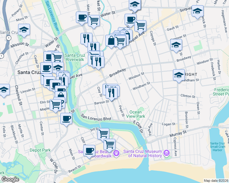 map of restaurants, bars, coffee shops, grocery stores, and more near 319 Jessie Street in Santa Cruz