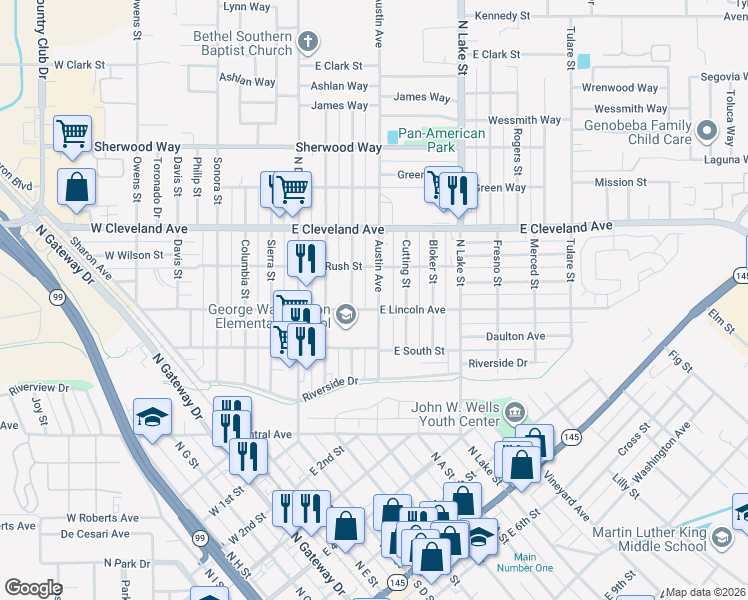 map of restaurants, bars, coffee shops, grocery stores, and more near 906 Austin Street in Madera