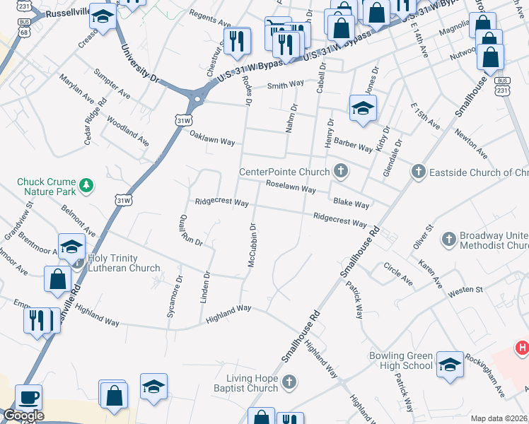map of restaurants, bars, coffee shops, grocery stores, and more near 801-899 Ridgecrest Way in Bowling Green