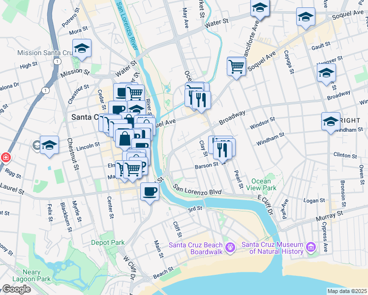 map of restaurants, bars, coffee shops, grocery stores, and more near 224 Broadway in Santa Cruz