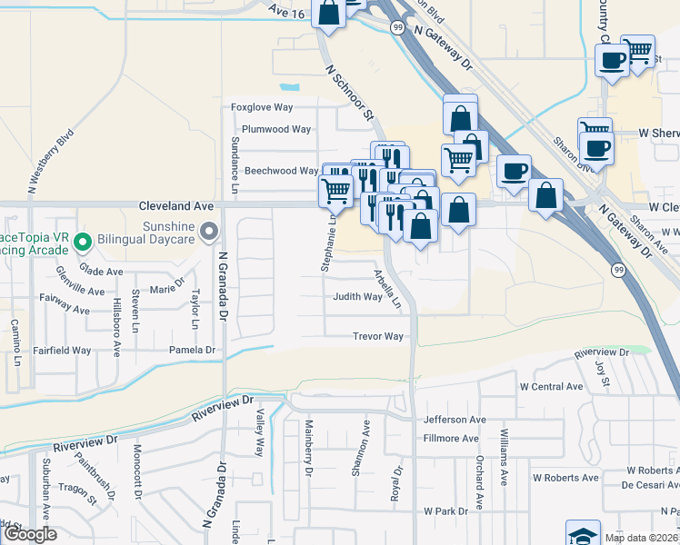 map of restaurants, bars, coffee shops, grocery stores, and more near 2387 Frederick Way in Madera