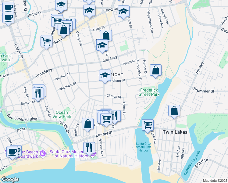 map of restaurants, bars, coffee shops, grocery stores, and more near 526 Sumner Street in Santa Cruz