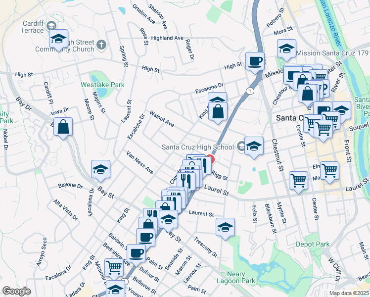 map of restaurants, bars, coffee shops, grocery stores, and more near 315 Otis Street in Santa Cruz