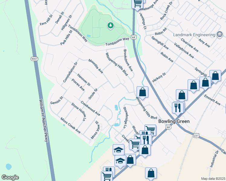 map of restaurants, bars, coffee shops, grocery stores, and more near 210 Moonlite Avenue in Bowling Green