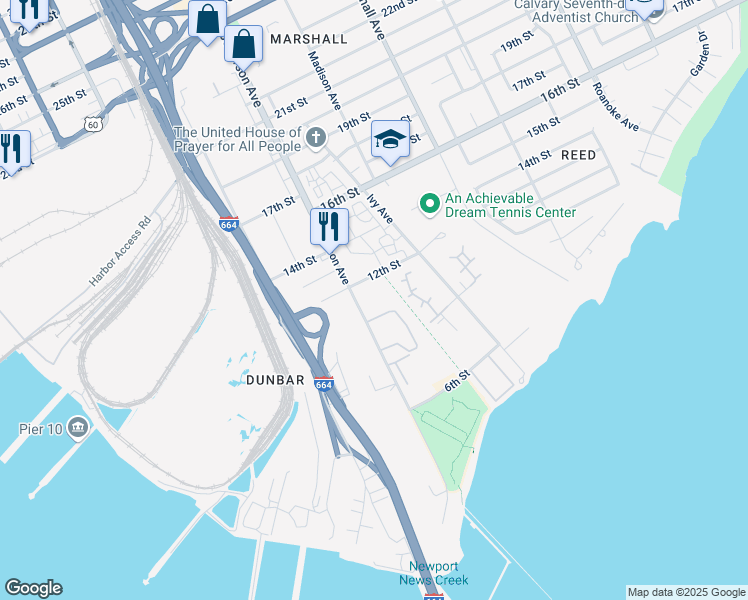 map of restaurants, bars, coffee shops, grocery stores, and more near 1074 Jefferson Avenue in Newport News