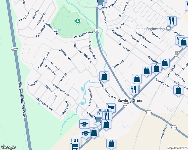 map of restaurants, bars, coffee shops, grocery stores, and more near 2465 Greenhill Street in Bowling Green