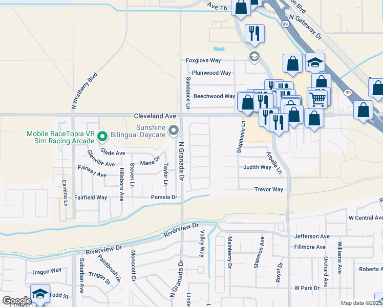 map of restaurants, bars, coffee shops, grocery stores, and more near 123 North Way in Madera