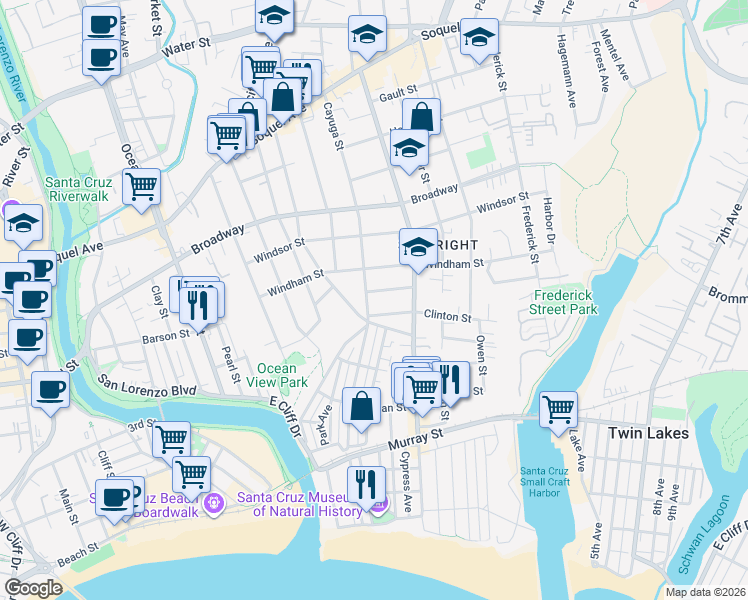map of restaurants, bars, coffee shops, grocery stores, and more near 424 Cayuga Street in Santa Cruz