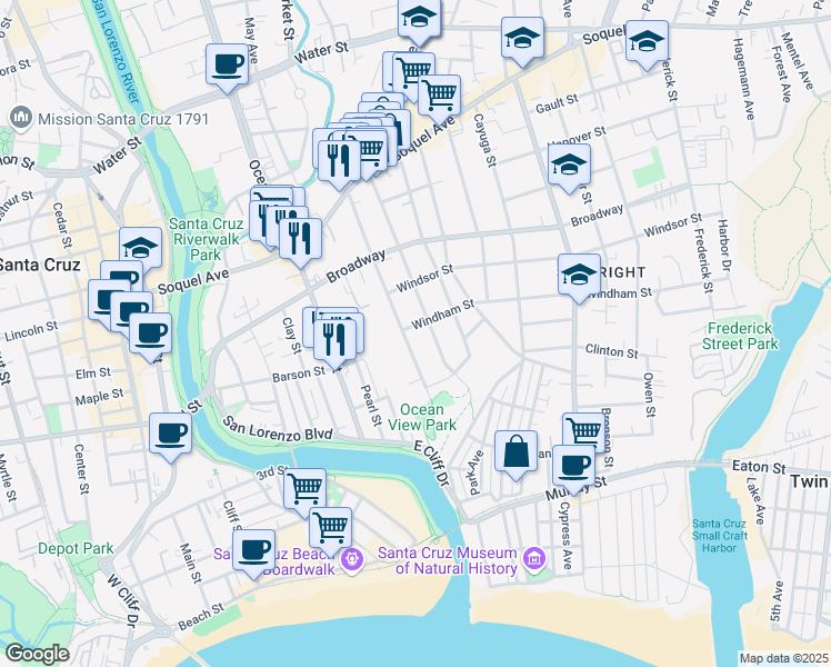 map of restaurants, bars, coffee shops, grocery stores, and more near 250 Ocean View Avenue in Santa Cruz