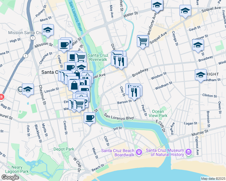 map of restaurants, bars, coffee shops, grocery stores, and more near 144 Campbell Street in Santa Cruz