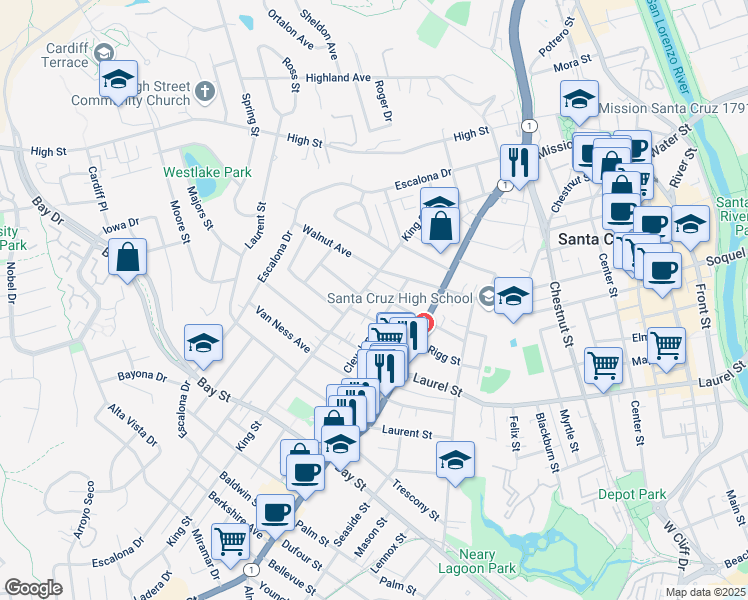 map of restaurants, bars, coffee shops, grocery stores, and more near 315 Otis Street in Santa Cruz