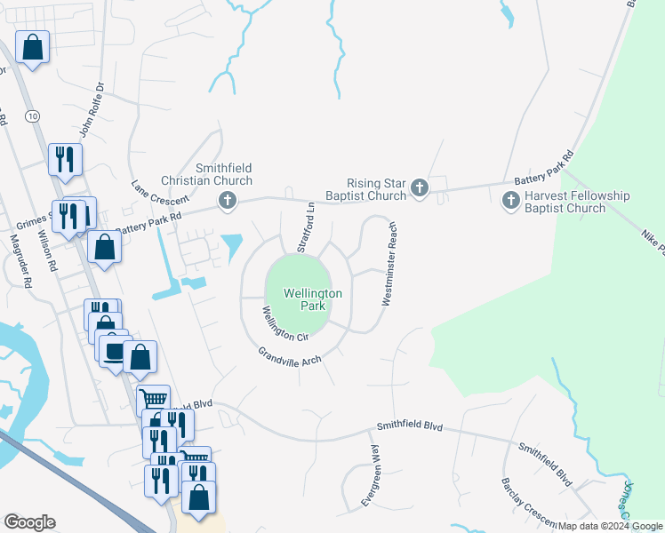map of restaurants, bars, coffee shops, grocery stores, and more near 328 Wellington Circle in Smithfield