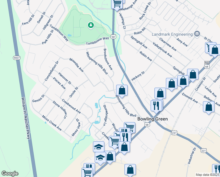 map of restaurants, bars, coffee shops, grocery stores, and more near 2465 Greenhill Street in Bowling Green