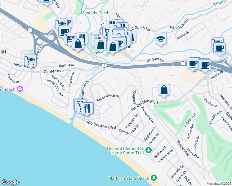 map of restaurants, bars, coffee shops, grocery stores, and more near 233 Wixon Avenue in Aptos
