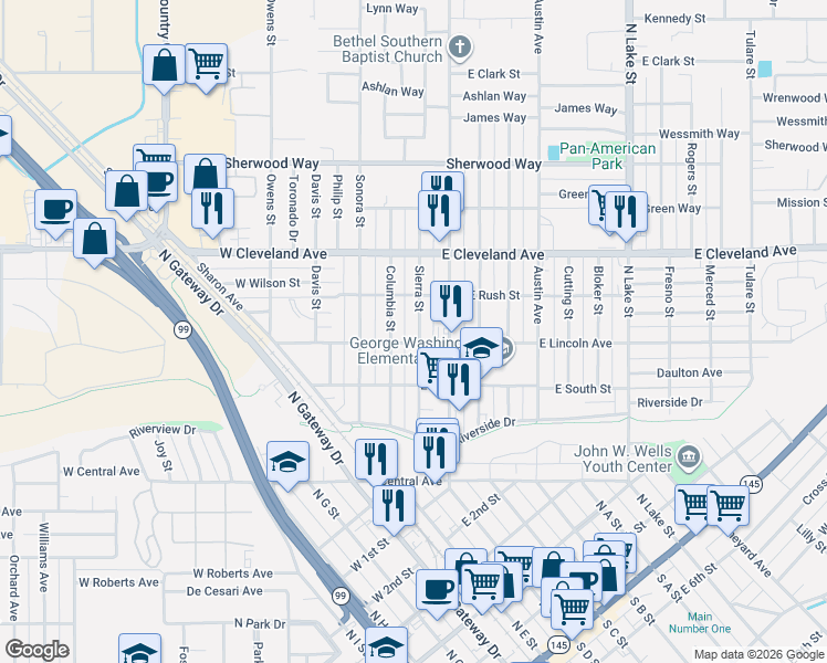 map of restaurants, bars, coffee shops, grocery stores, and more near 910 Sierra Street in Madera