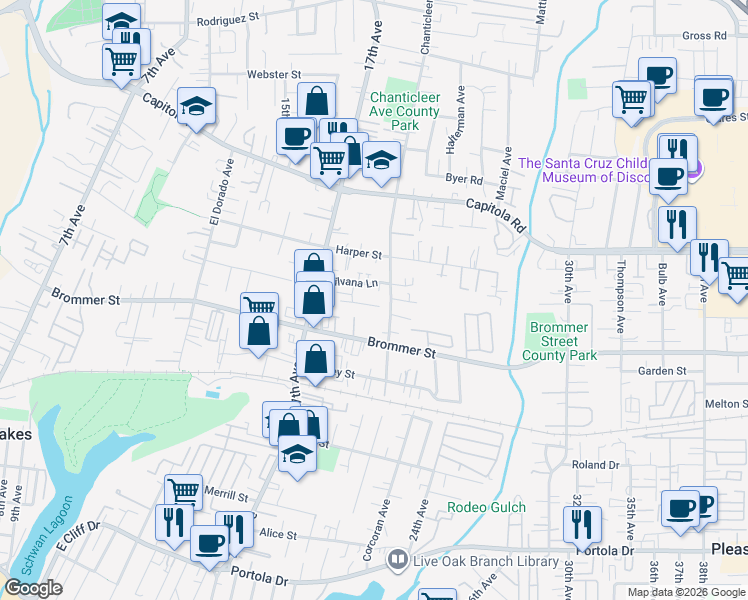 map of restaurants, bars, coffee shops, grocery stores, and more near 1865 Pound Ln in Santa Cruz