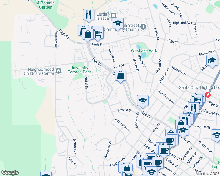 map of restaurants, bars, coffee shops, grocery stores, and more near 105 Castillion Terrace in Santa Cruz