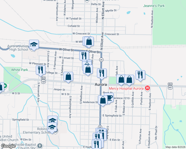 map of restaurants, bars, coffee shops, grocery stores, and more near 41-99 E College St in Aurora