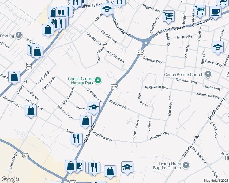 map of restaurants, bars, coffee shops, grocery stores, and more near 2001-2029 Nashville Road in Bowling Green