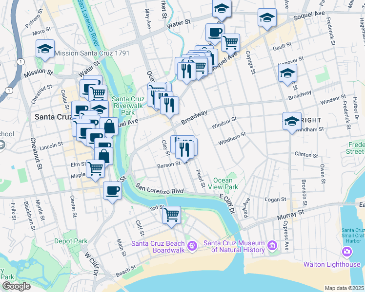map of restaurants, bars, coffee shops, grocery stores, and more near 330 Ocean Street in Santa Cruz