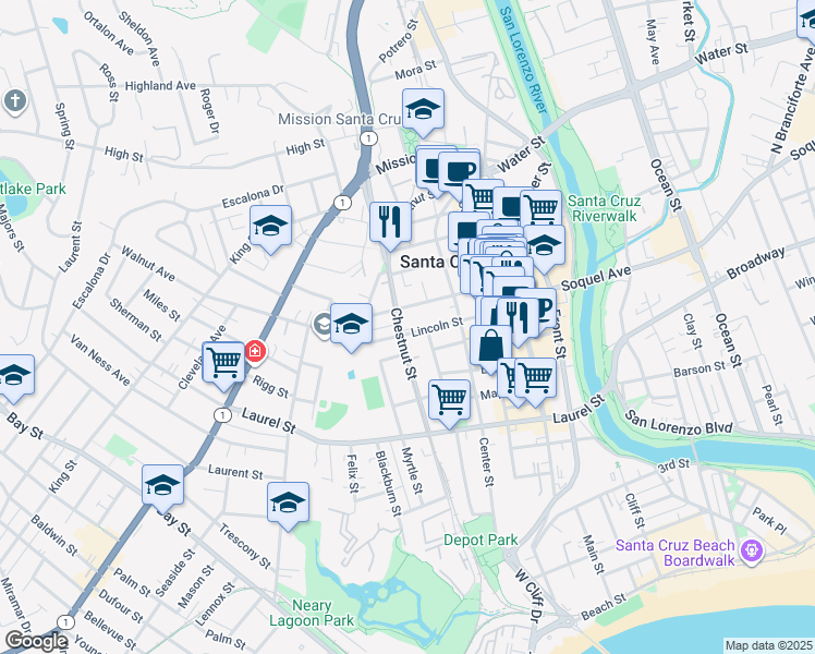 map of restaurants, bars, coffee shops, grocery stores, and more near 412 Lincoln Street in Santa Cruz