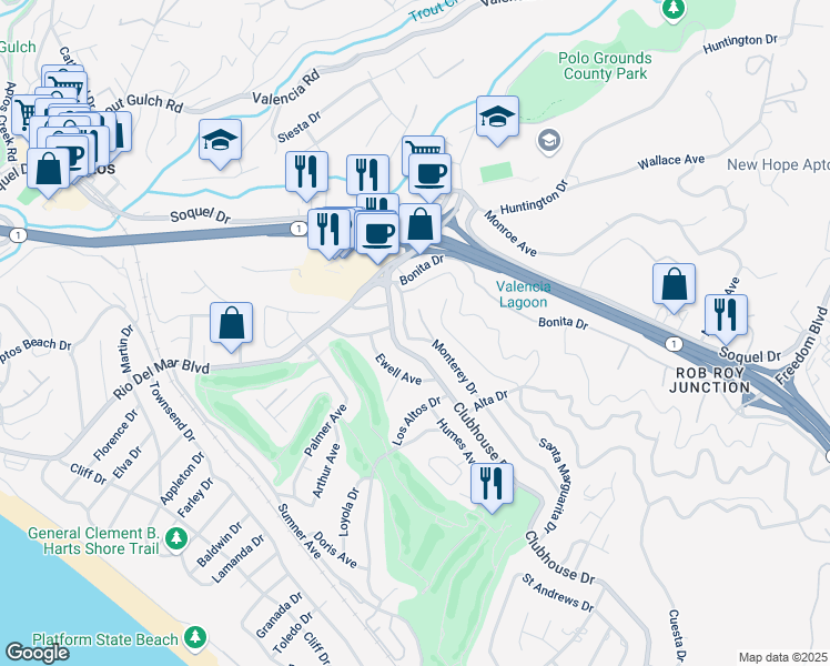 map of restaurants, bars, coffee shops, grocery stores, and more near 429 Monterey Drive in Aptos